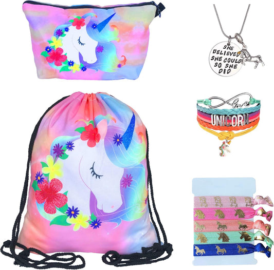 Unicorn Gifts for Girls - Unicorn Drawstring Backpack/Makeup Bag/Bracelet/Inspirational Necklace/Hair Ties (Flower Unicorn)